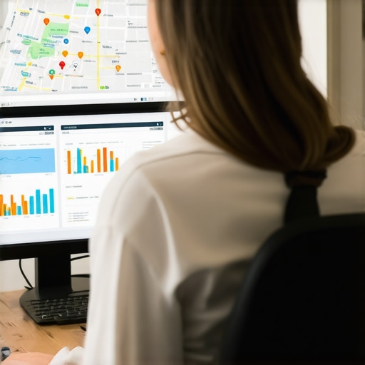 Local SEO Strategy Analysis SEO consultant examining local map rankings with charts