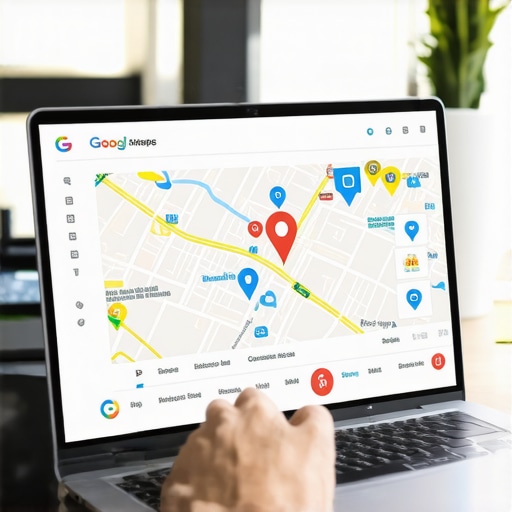 SEO professional reviewing local search rankings on a laptop with Google Maps icons