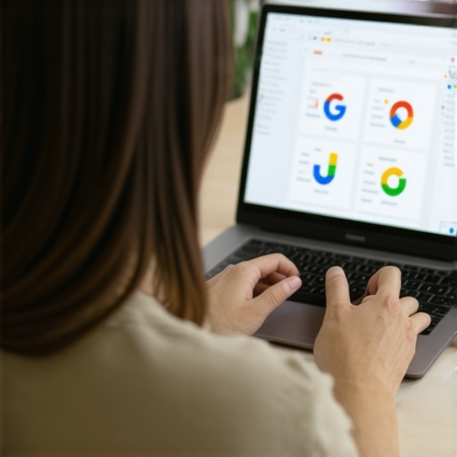 Business owner optimizing GMB profile on laptop with analytics charts