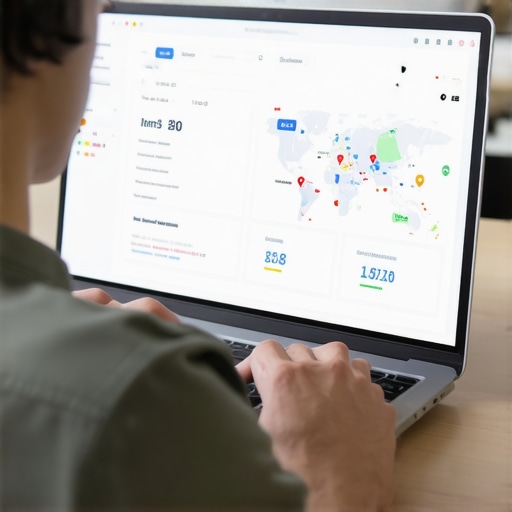 Person analyzing local SEO performance on a computer with maps and review data.