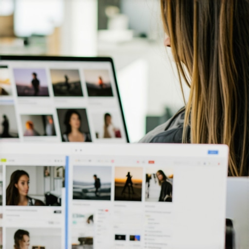 Business owner optimizing Google Business Profile with photos and information in a bright office setting