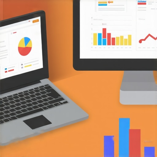 A desk setup with SEO analytics on screen, charts, and tools used for maintaining local search rankings.