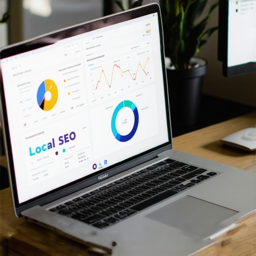 Laptop showing local SEO dashboard with citation and review metrics.