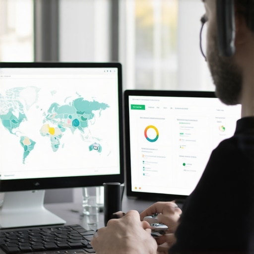 A digital marketing professional reviewing local SEO analytics on multiple screens with maps and graphs.