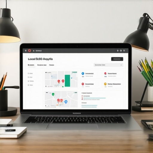 Laptop screen showing local SEO dashboard with analytics and review management tools.