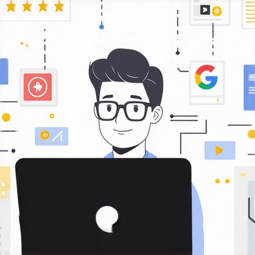 Business owner optimizing Google Maps listing on a laptop with icons of reviews and citations