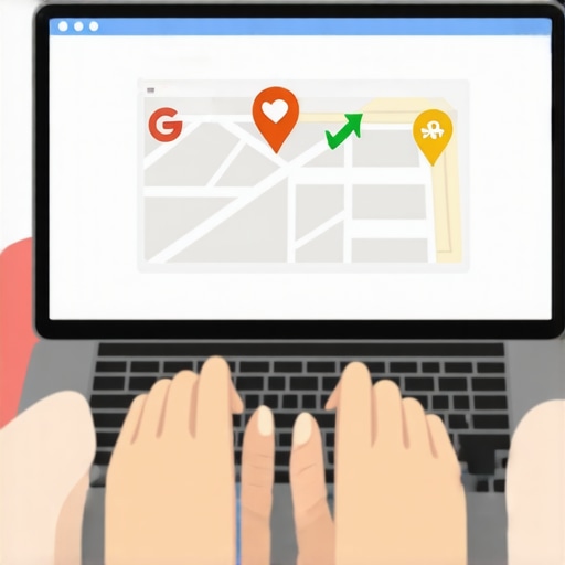 A person working on a laptop updating a Google Business Profile with map and ranking icons.
