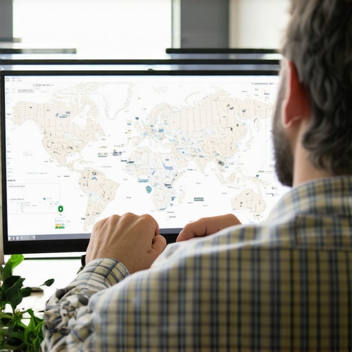 Digital map analysis for local SEO Person working with geo-mapping and SEO tools on a computer