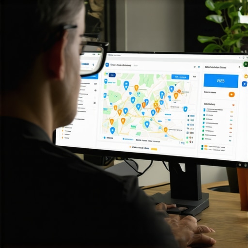 Person analyzing Google Maps ranking data on a computer within a modern office.