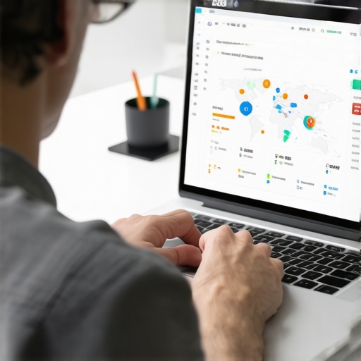 Person analyzing local SEO metrics on a laptop with maps and analytics tools