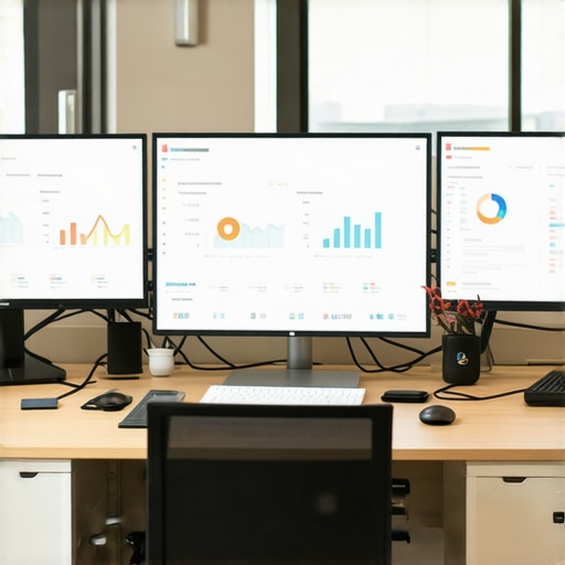 SEO Dashboard Workspace A desk with screens displaying local SEO metrics and Google Maps insights.