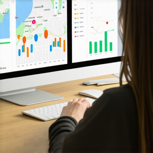 Using Advanced Tools for Map Ranking Stability Person working on local SEO tools on a computer with maps and graphs