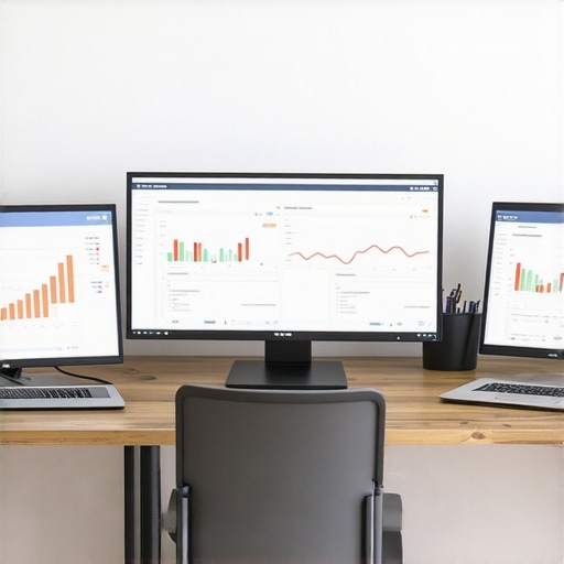A modern workspace with screens showing local SEO analytics and ranking trends.