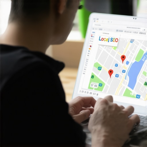 Person analyzing local SEO metrics on a laptop with Google Maps display