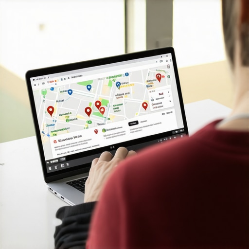 A person working on a laptop updating Google My Business profile with maps and local signals.